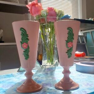 Antique peachy/coral pink goblet challis set of 2, good condition